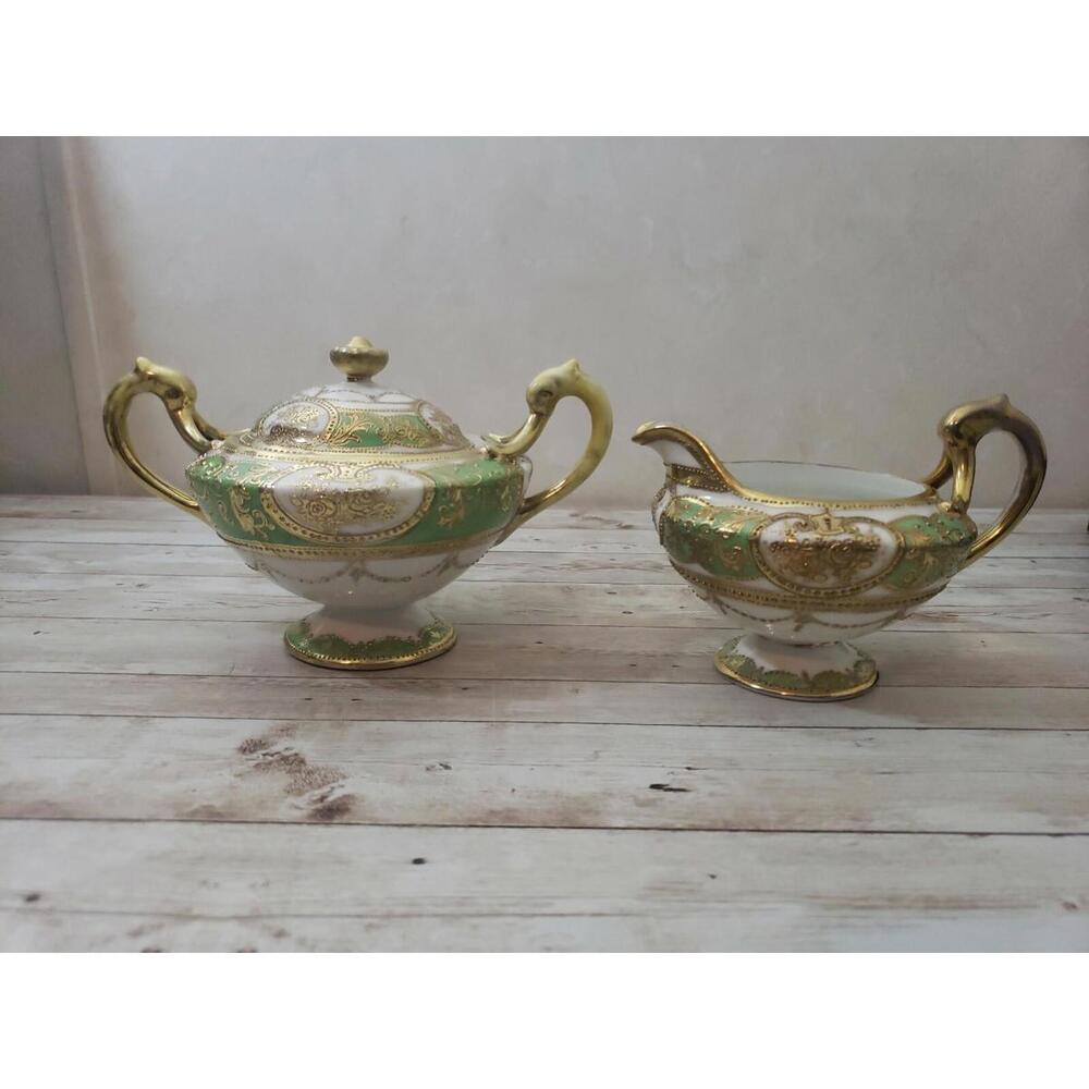 Vintage Nippon Porcelain Signed Cream Sugar Gold Beaded Trim Art Nouveau Style